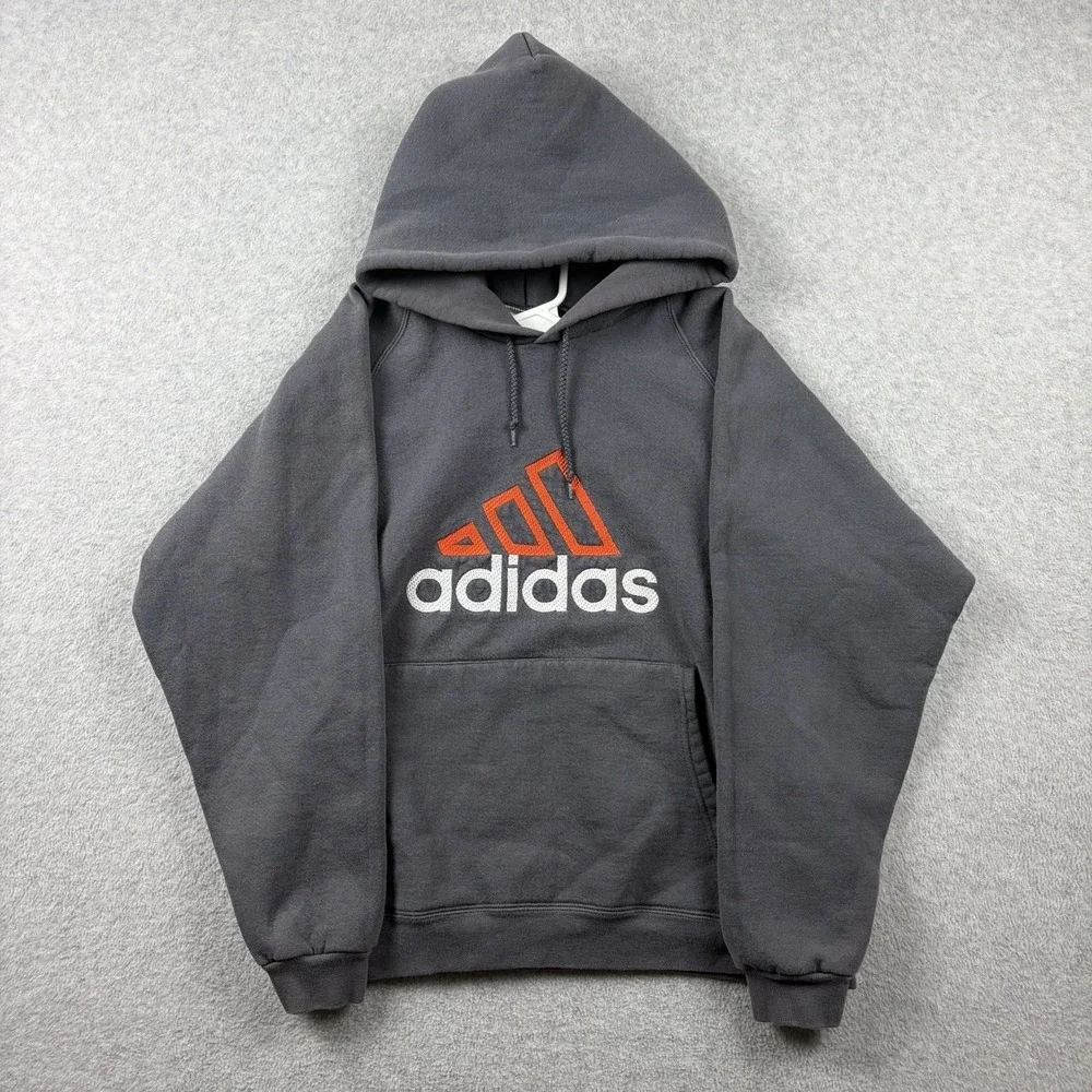 Vintage Adidas Hoodie Mens Medium Gray Heavy Embroidered Boxy Pullover 90s USA‎
